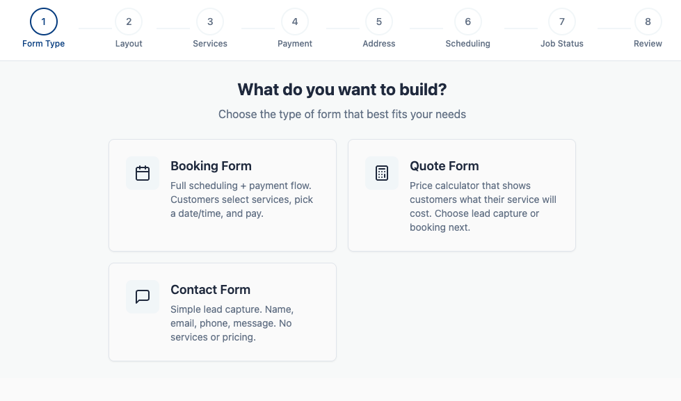 Landing Page Builder wizard showing form type selection