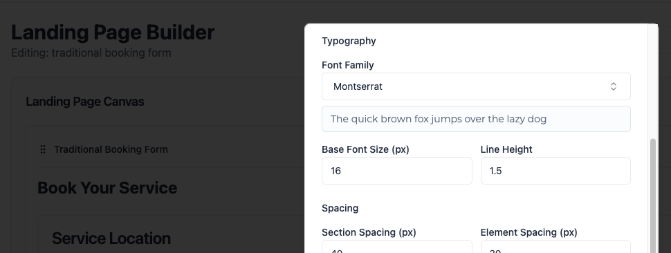 Landing Page Builder typography panel showing font selection