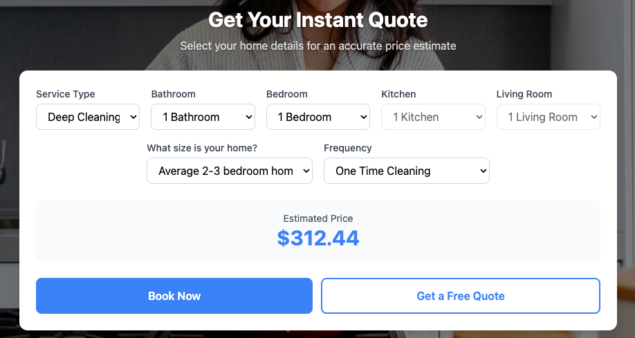 Compact Quote Calculator with live pricing and Book Now button