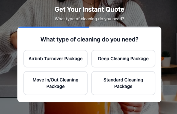 Quick Quote Wizard showing service type selection cards