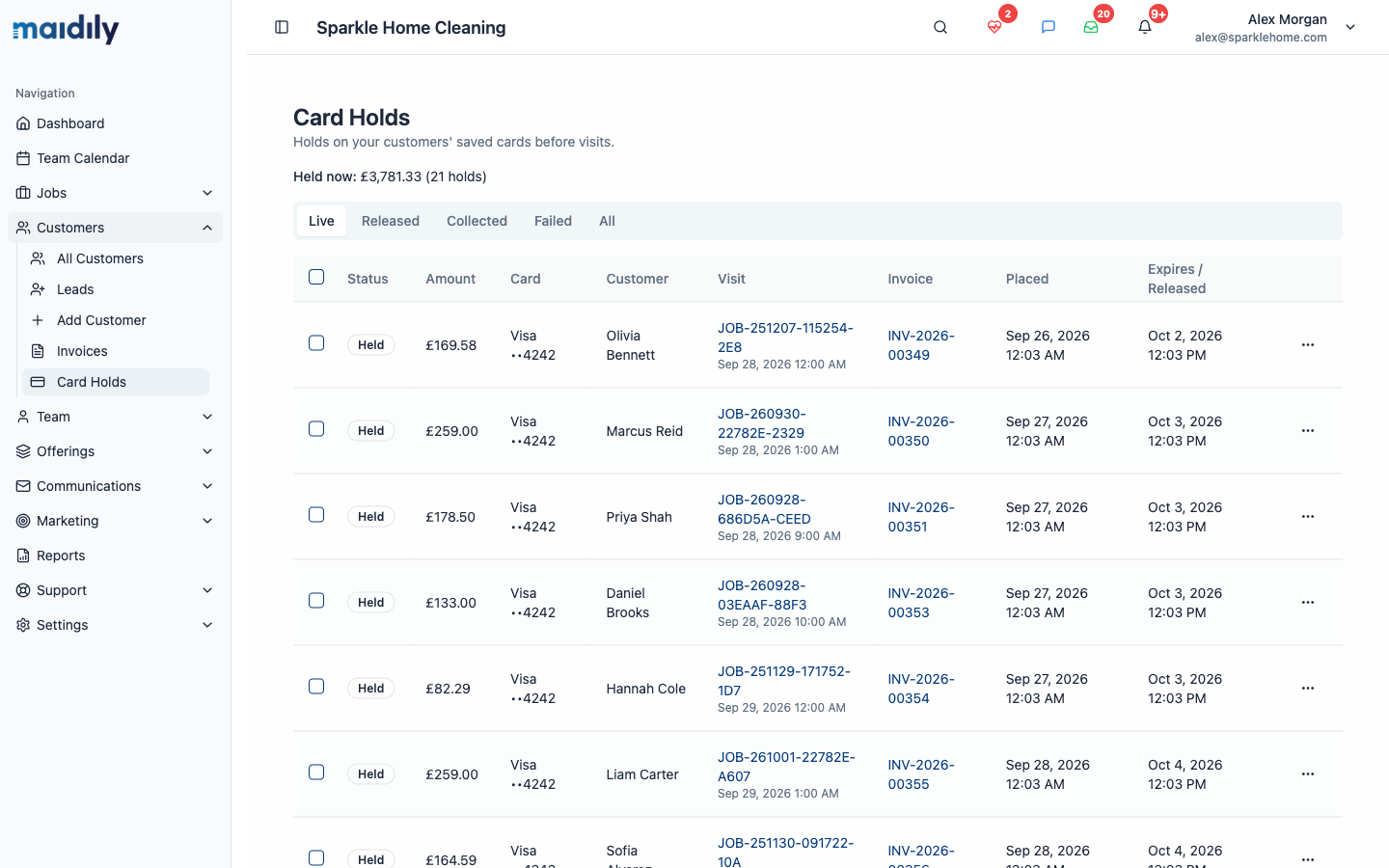 Card Holds page listing live holds with amount, card, customer, visit and invoice