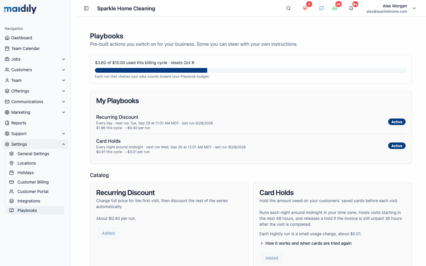 Maidily Playbooks page showing the monthly budget, two active playbooks and the playbook catalog