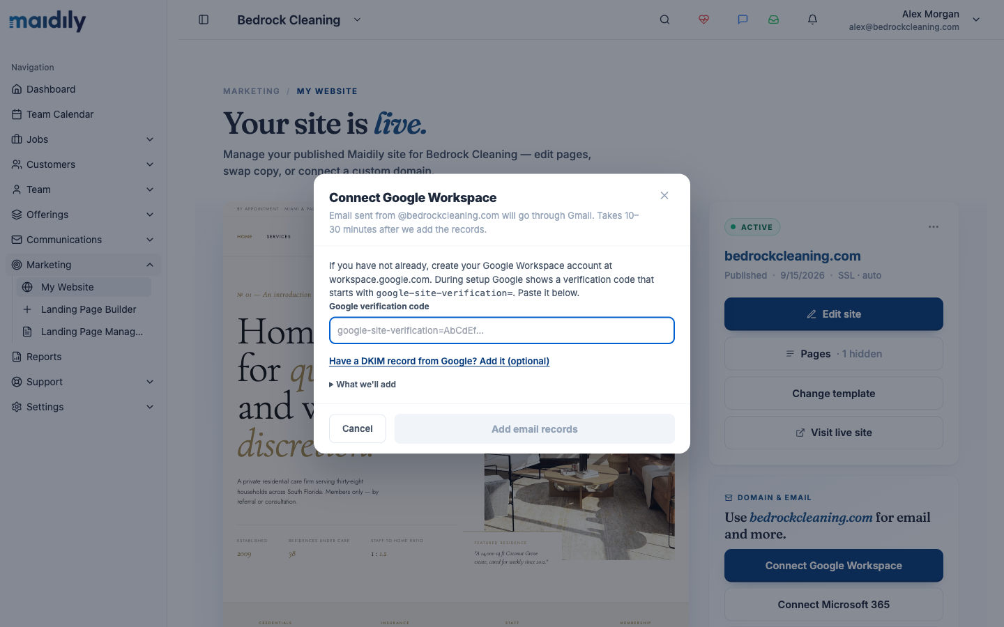 Connect Google Workspace dialog asking for the Google verification code
