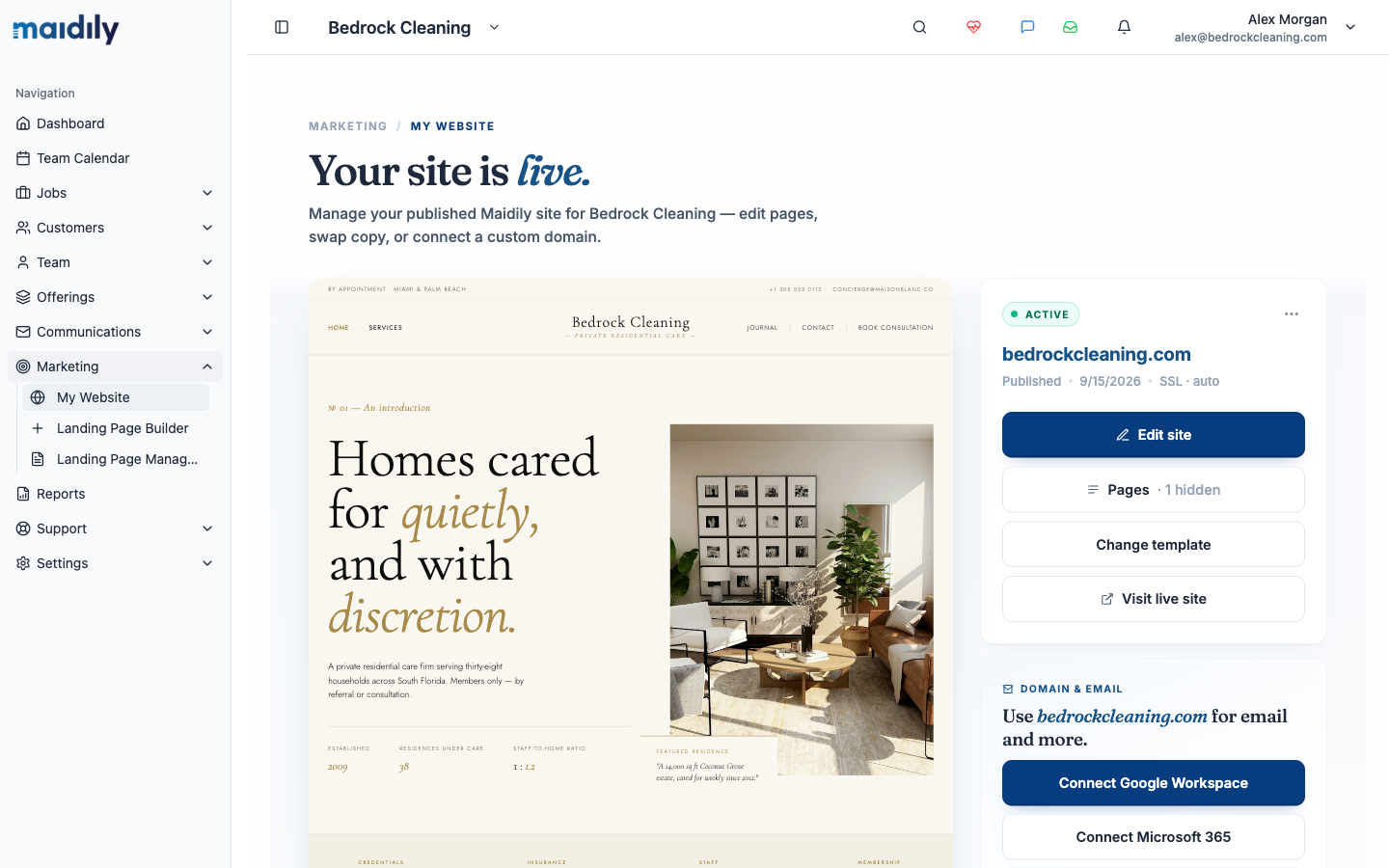 My Website page showing a live site with its custom domain, edit and template options