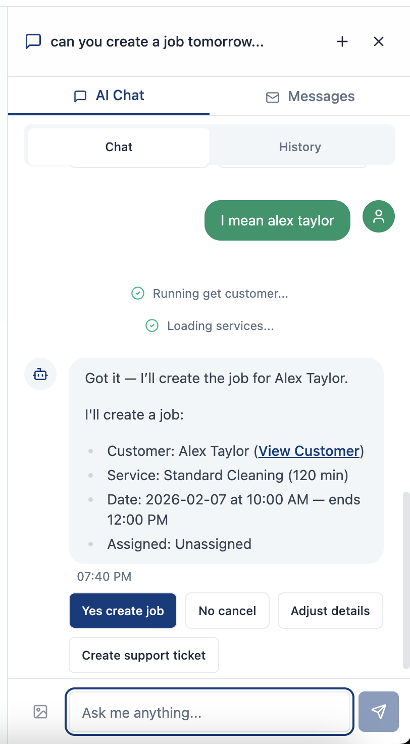 Maidily AI assistant creating a cleaning job through conversation