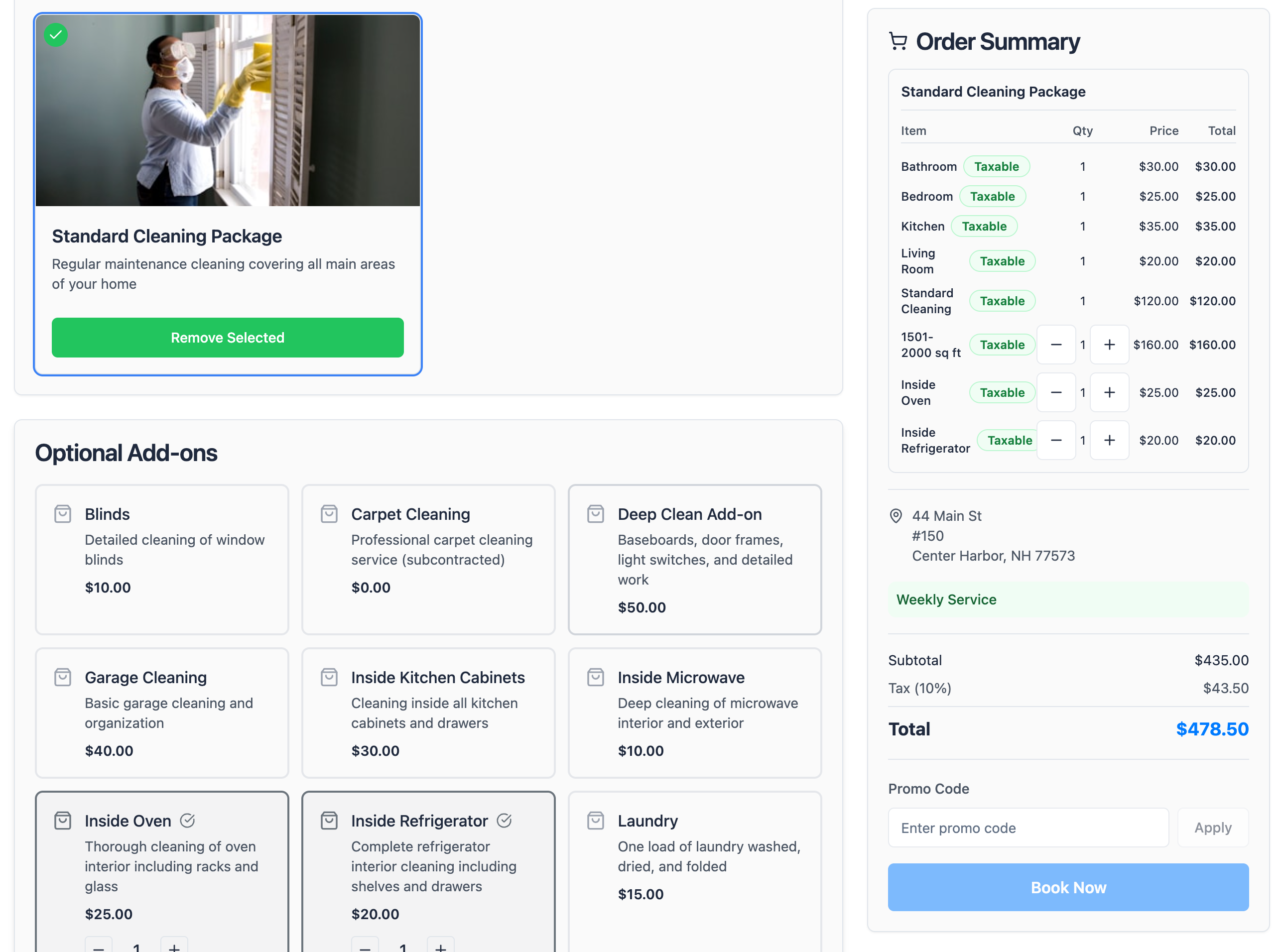 Maidily online booking form showing cleaning package selection, optional add-ons, and order summary