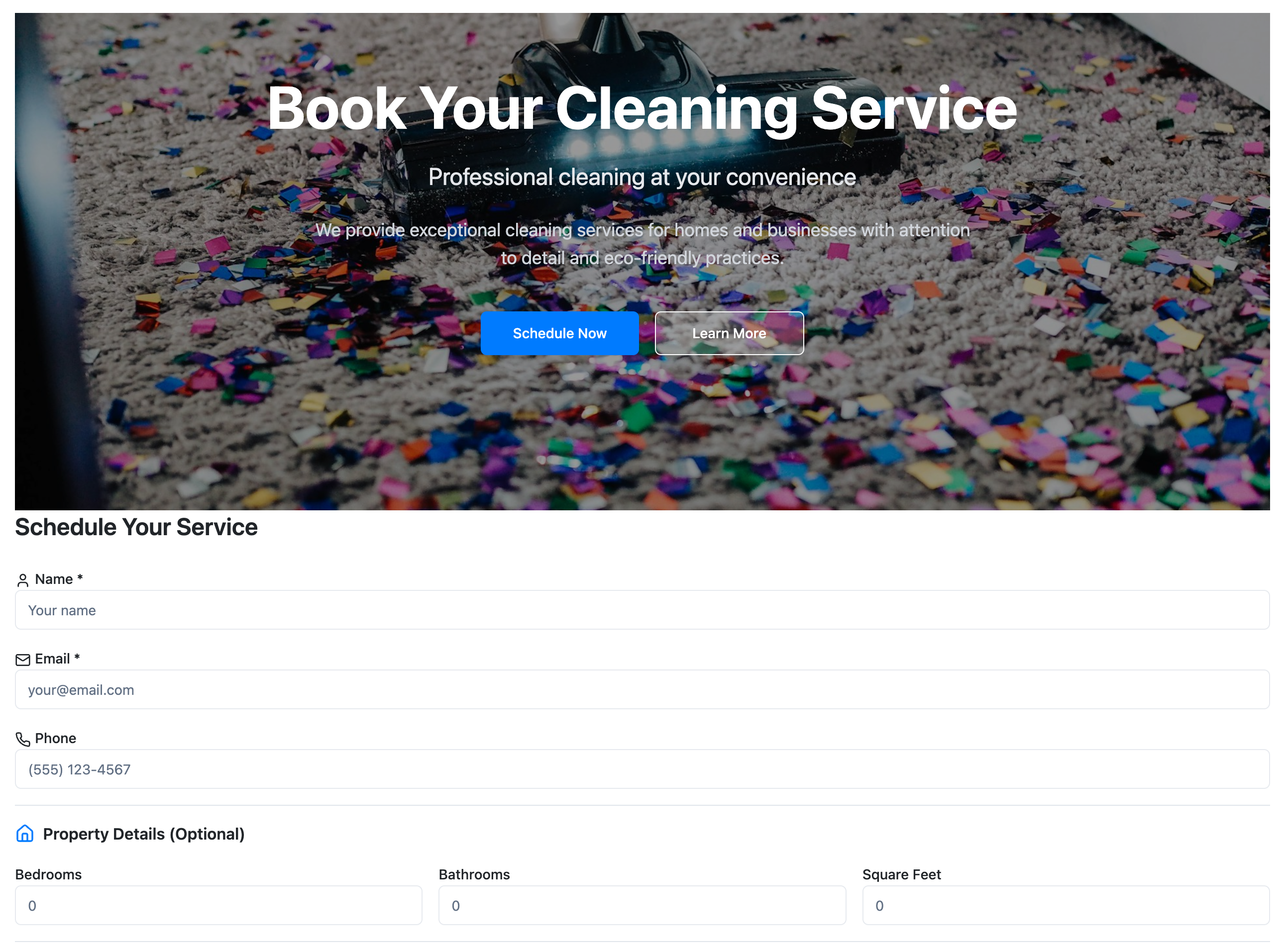 Maidily hosted booking page with service scheduling form and hero banner