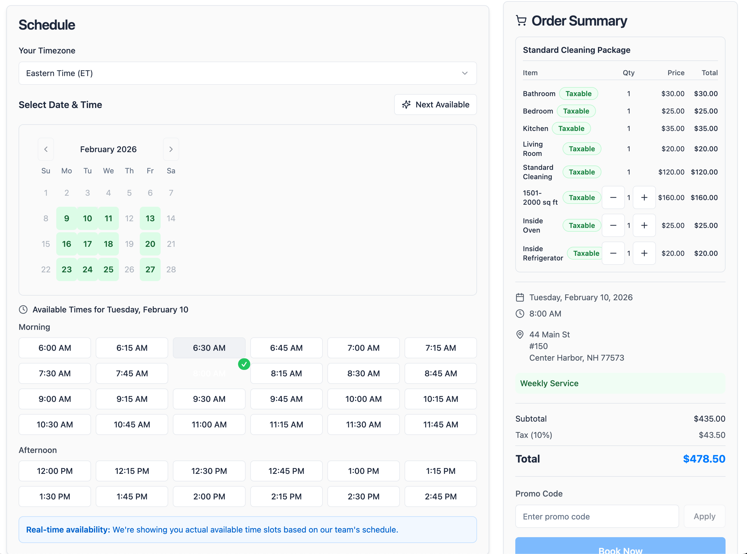Maidily embedded booking widget showing calendar date picker, time slots, and order summary