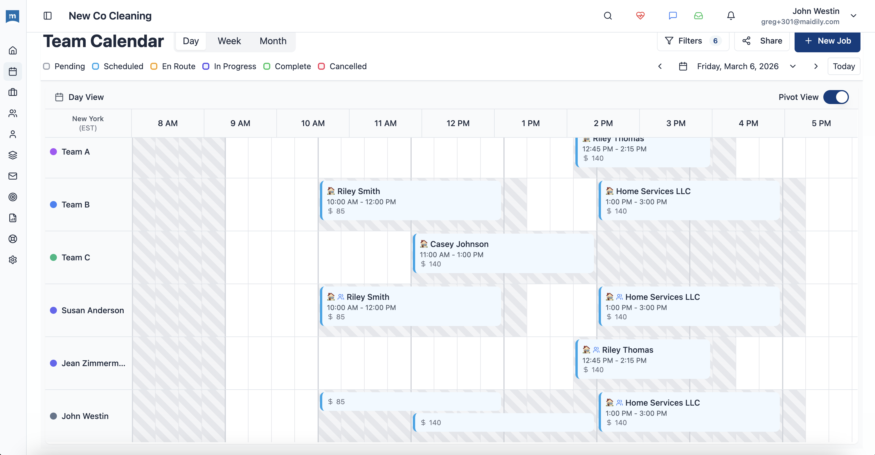 Maidily calendar pivot view for drag-and-drop scheduling