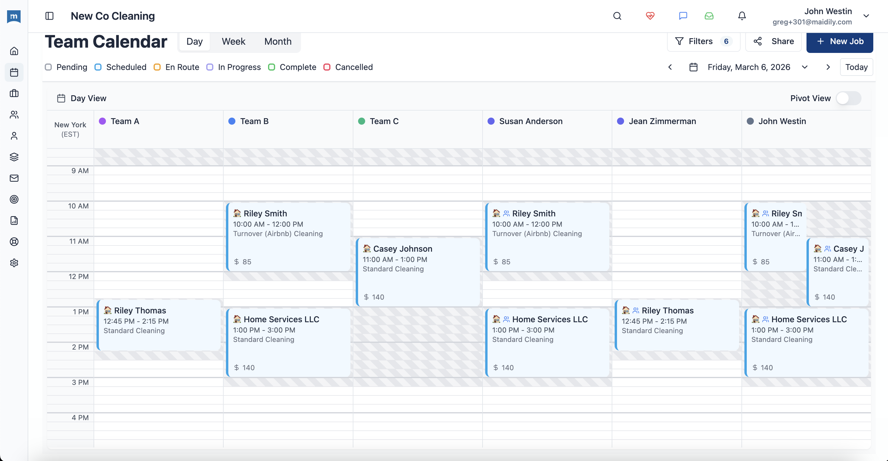Maidily calendar day view showing hourly team schedule