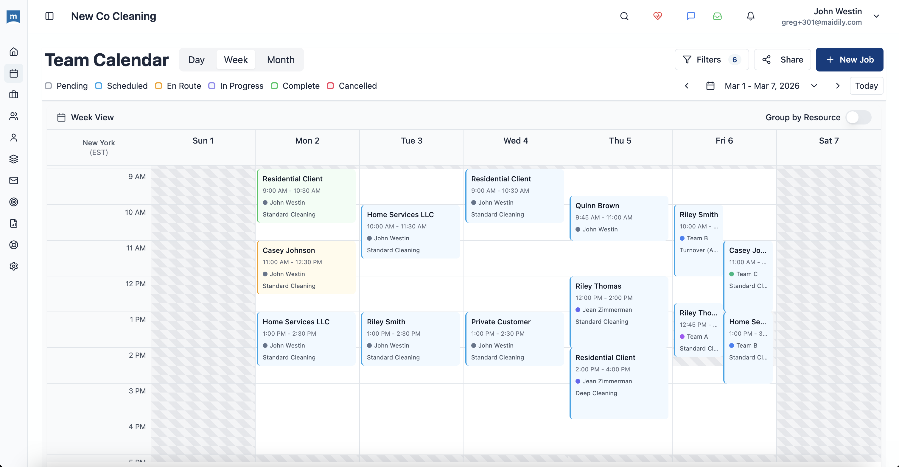 Maidily scheduling calendar week view showing team assignments