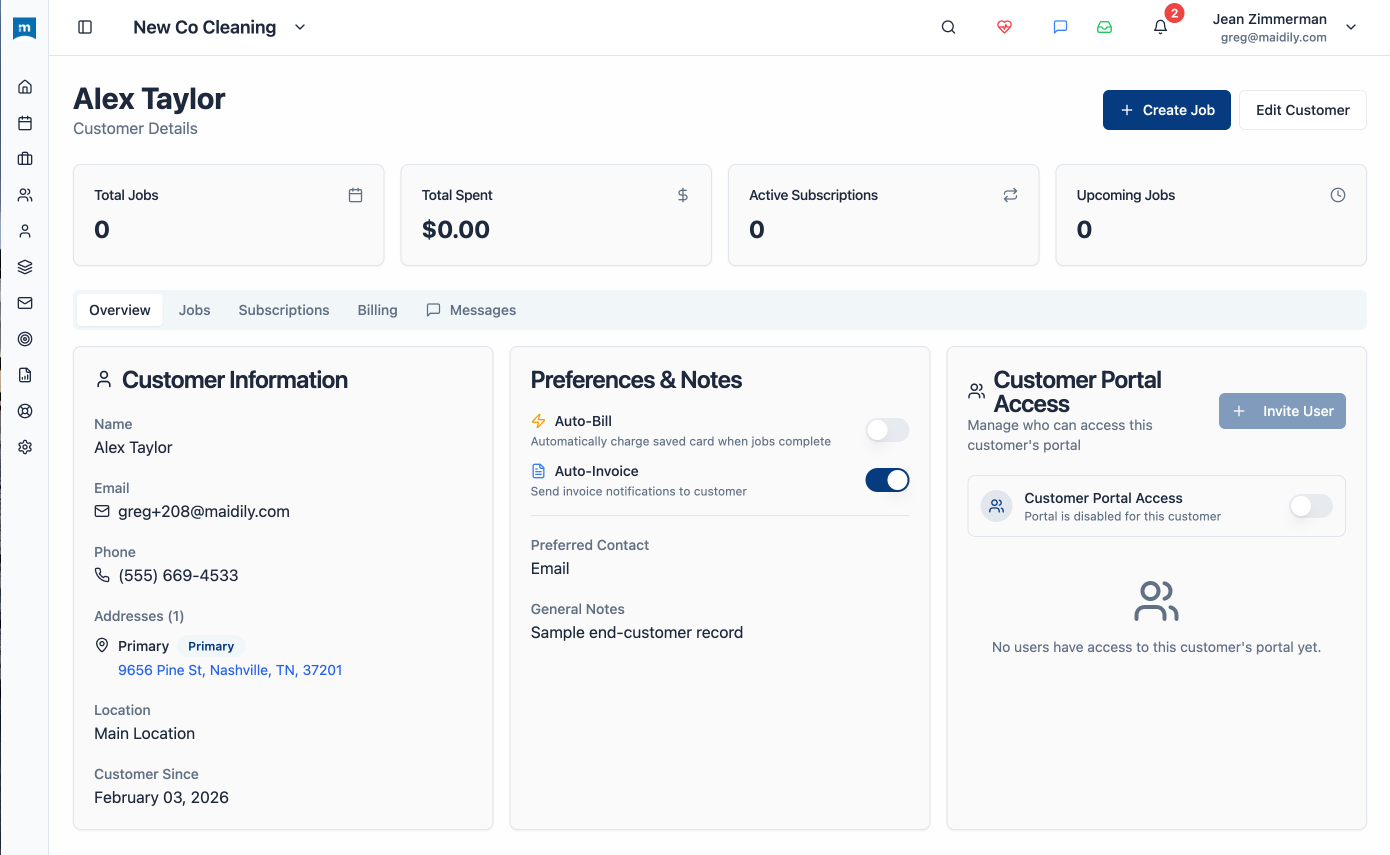 Maidily customer profile showing contact details, preferences, notes, and portal access