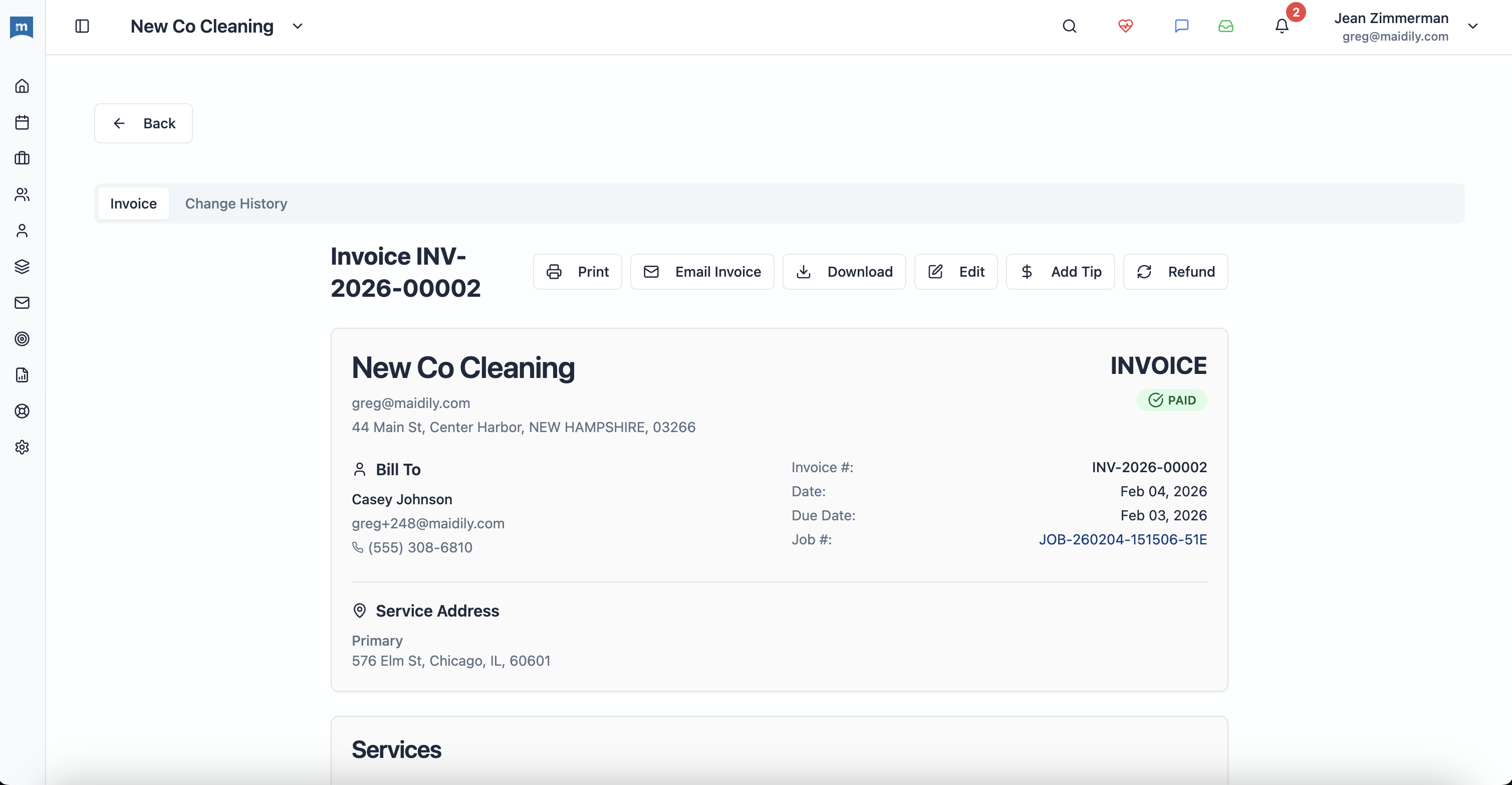 Maidily professional invoice with customer details and payment status