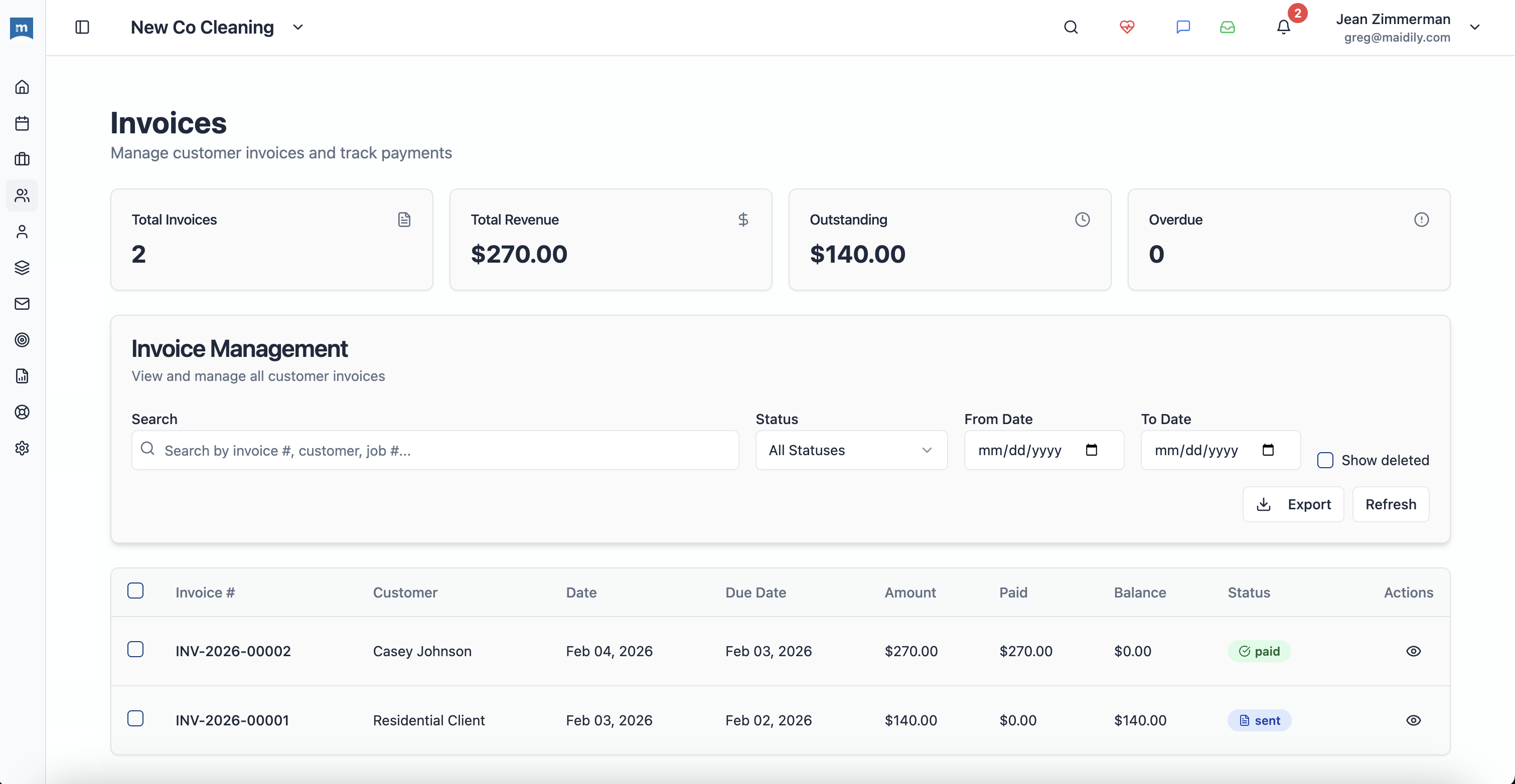 Maidily invoices dashboard showing invoice management and payment tracking