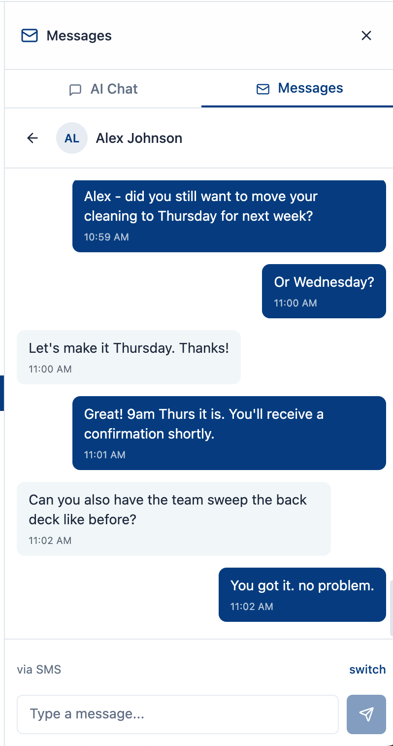 Maidily SMS conversation with a customer about scheduling a cleaning