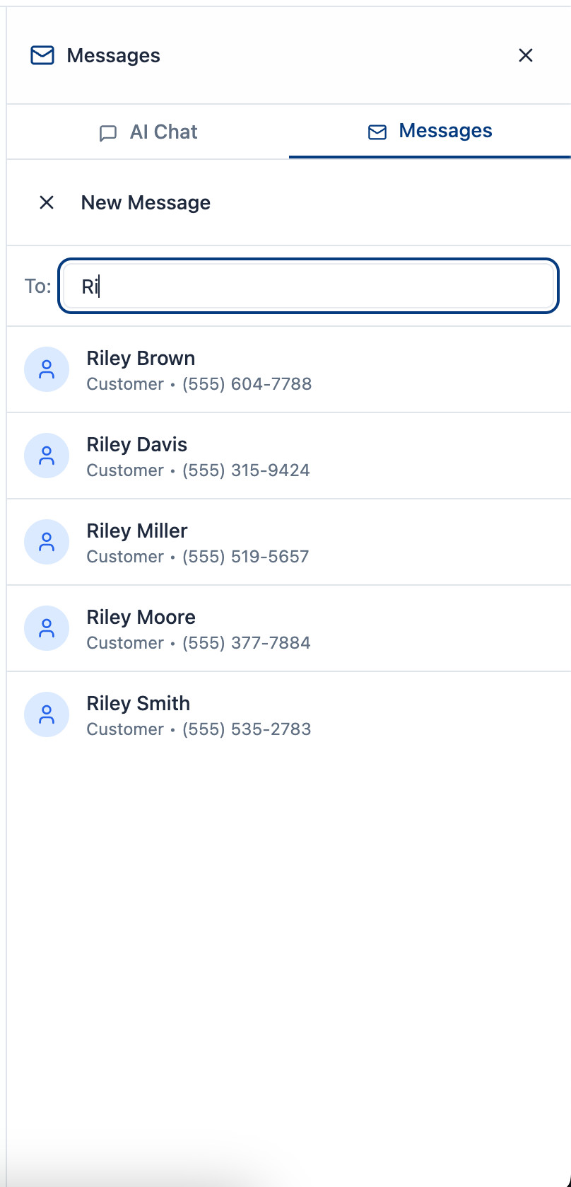 Maidily new message screen showing customer search and contact list