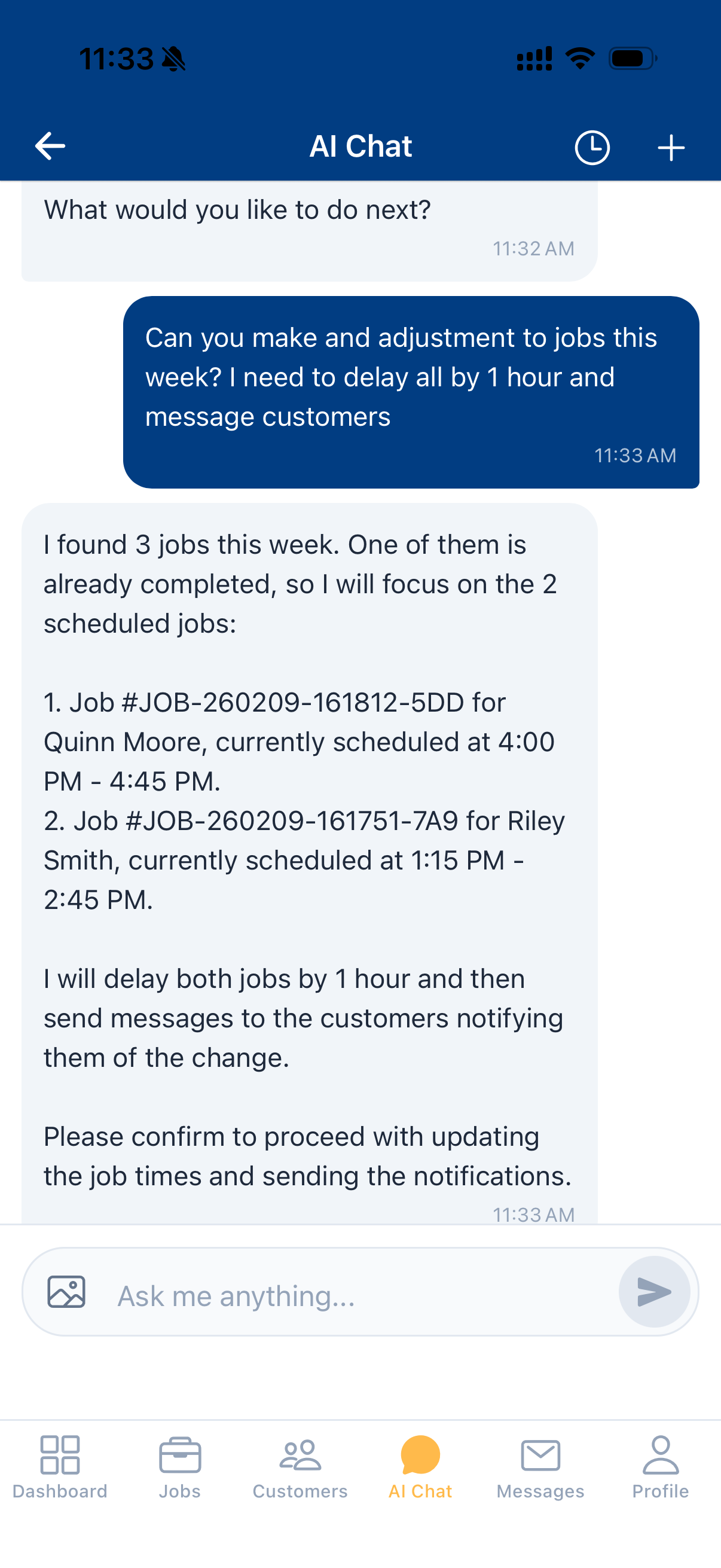 Maidily AI assistant rescheduling jobs and notifying customers through conversation