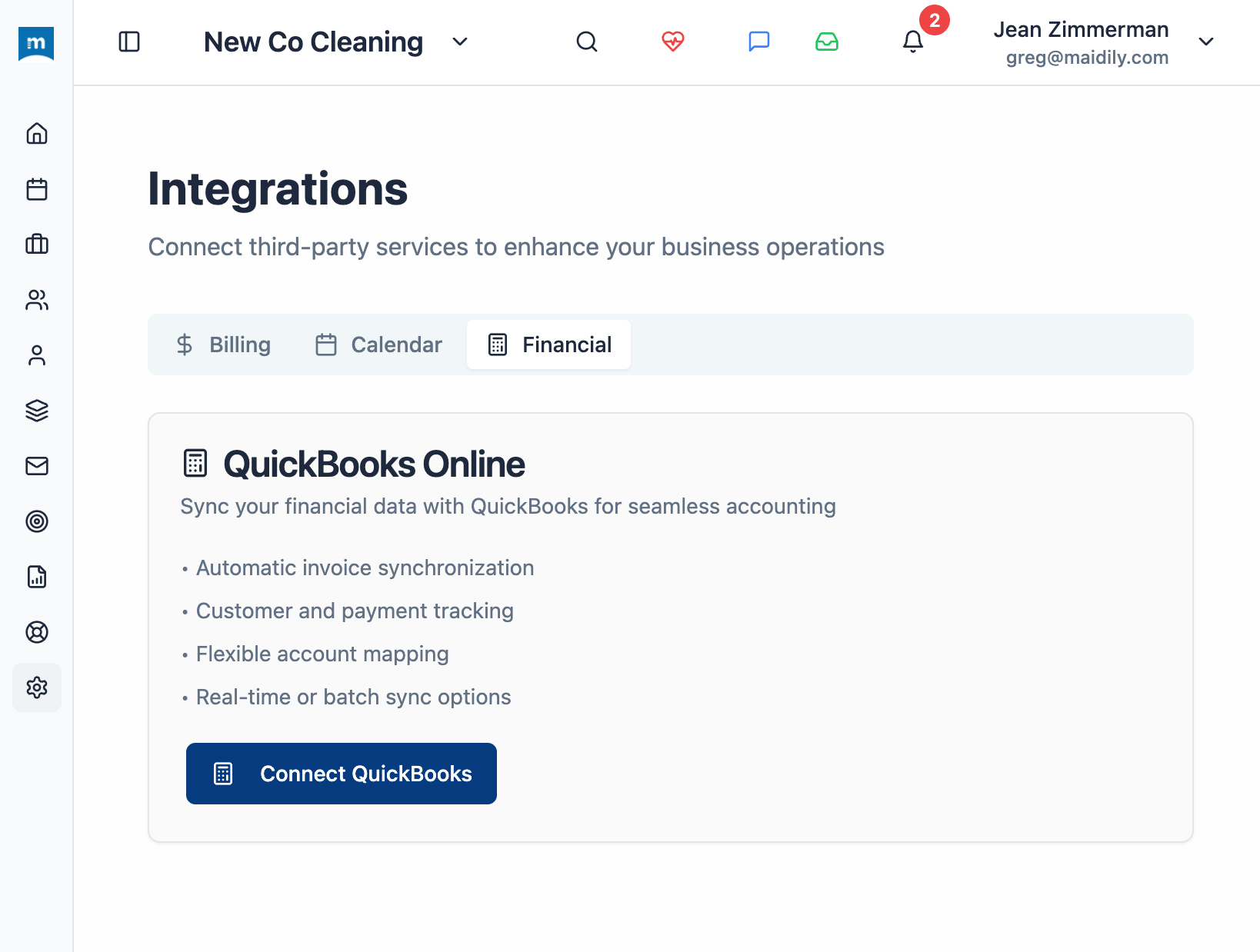 Maidily QuickBooks Online integration settings showing sync options and connect button