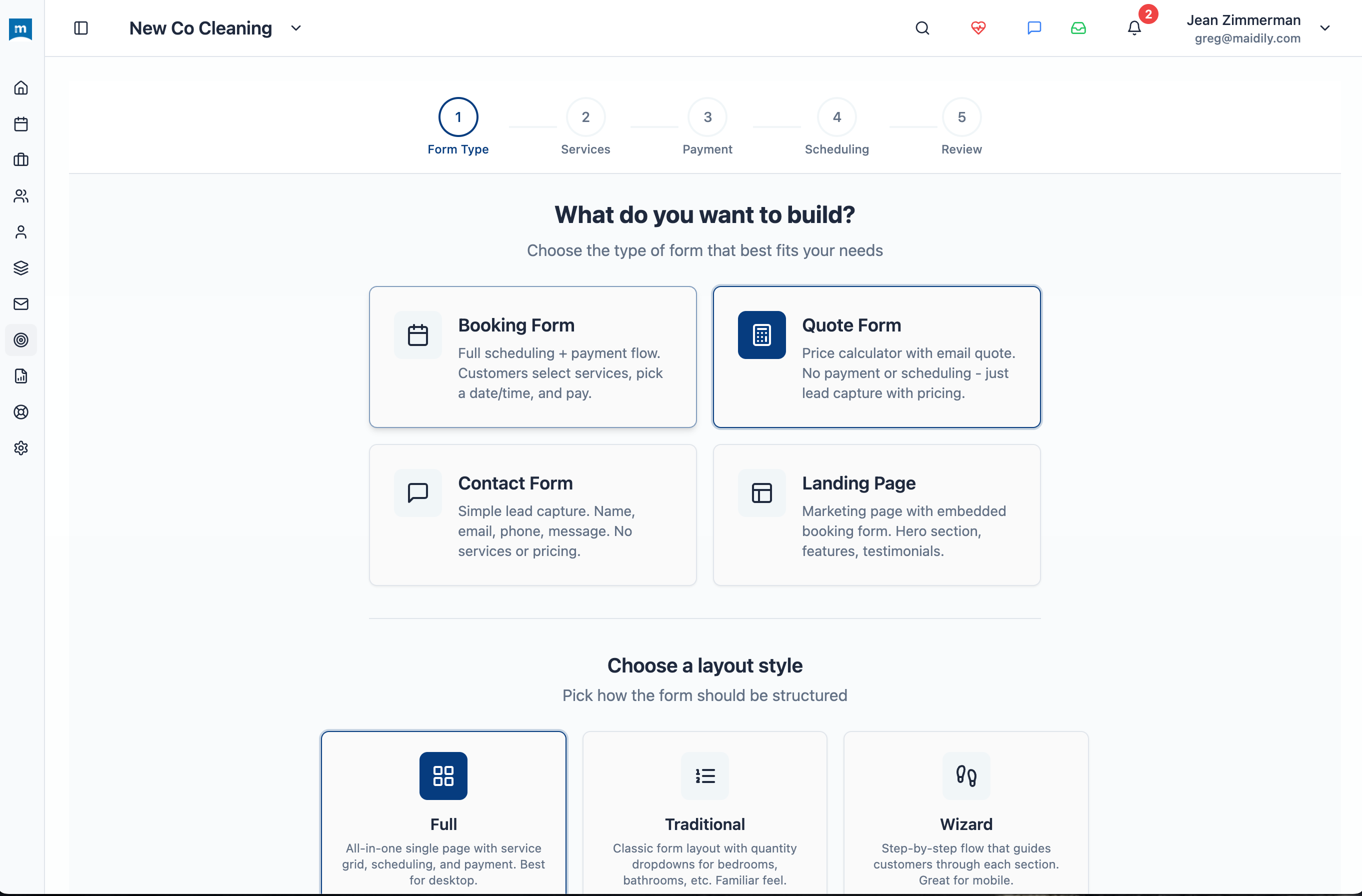 Maidily AI Page Builder interface for creating quote forms with drag-and-drop customization