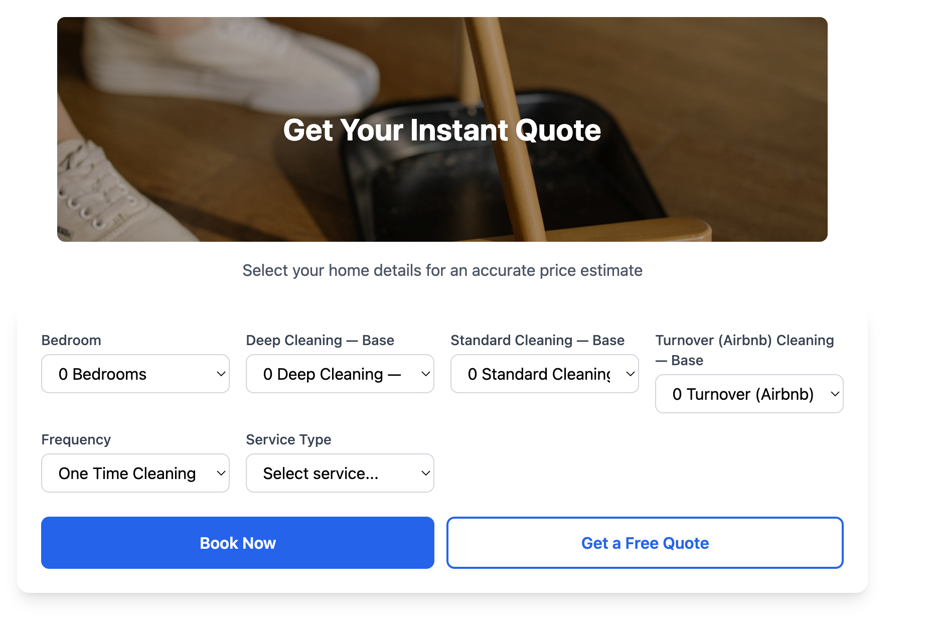 Maidily instant quote form with bedroom, cleaning type, and frequency fields