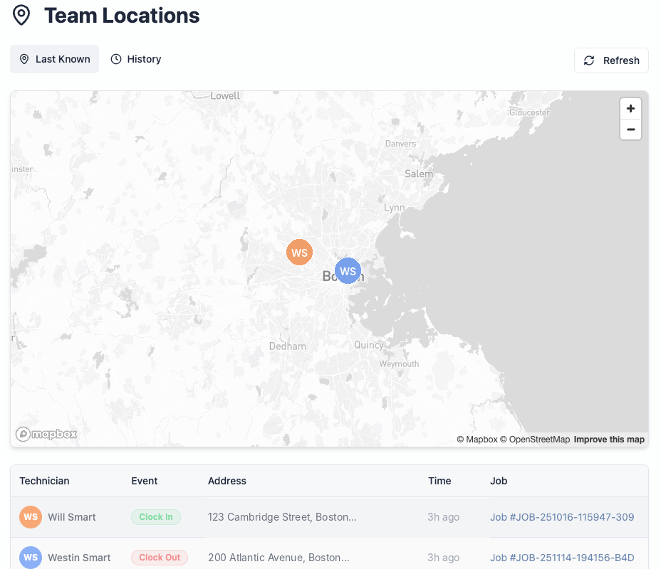 Maidily team location tracking showing map with technician positions and clock in/out events