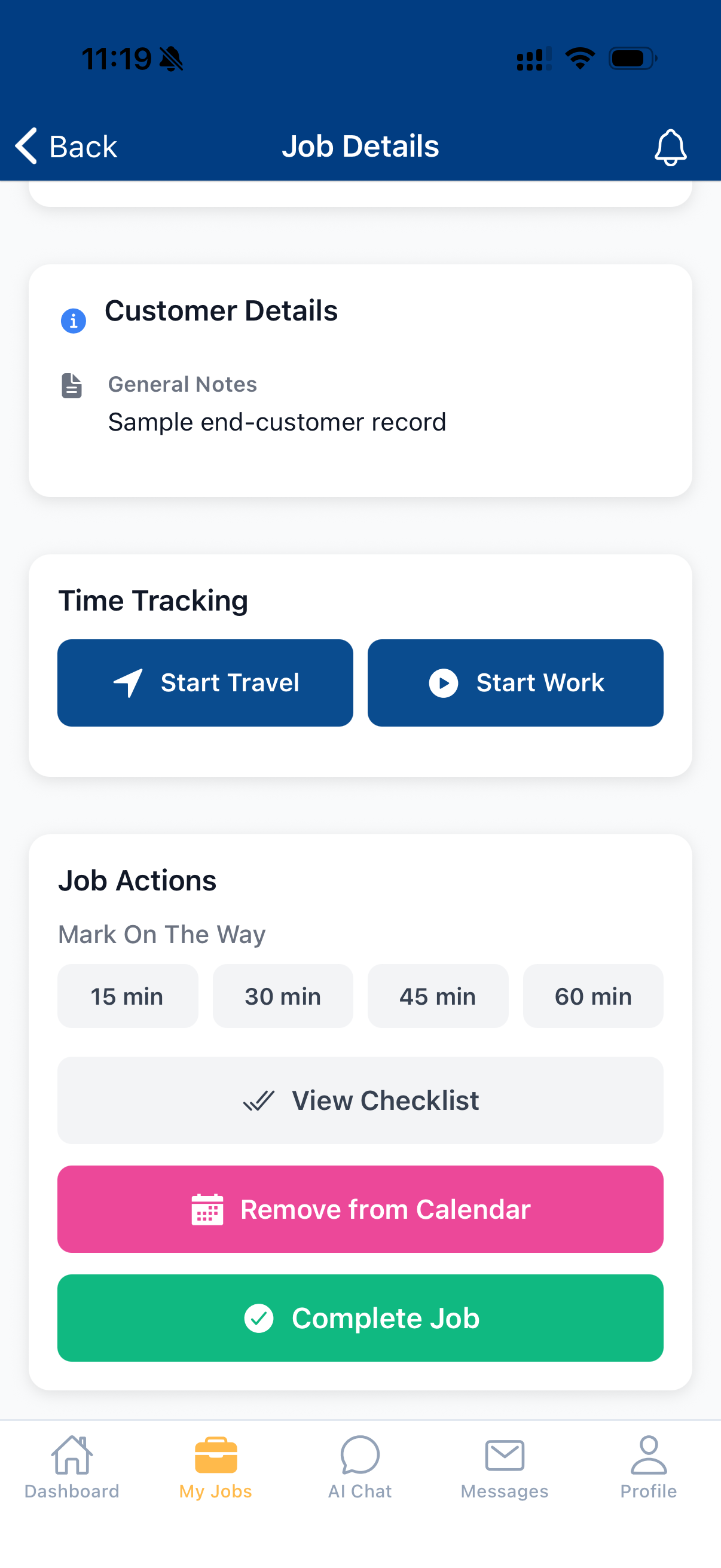 Maidily technician job actions with time tracking and complete job