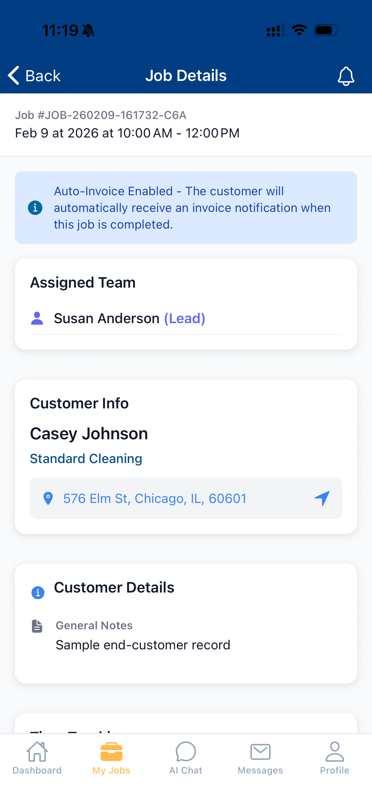 Maidily cleaner mobile view showing job details, customer info, and address
