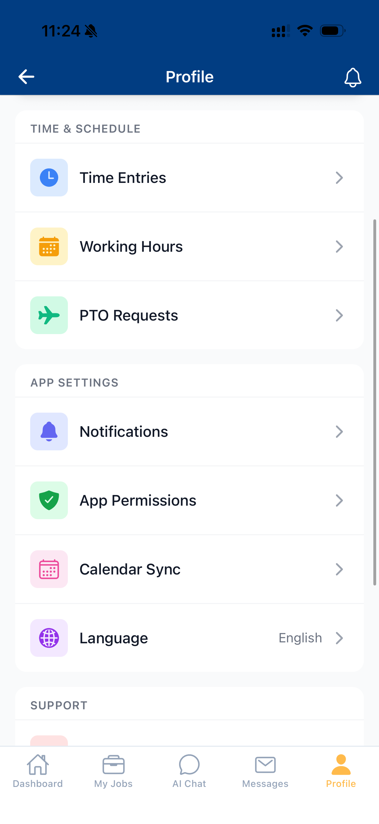 Maidily technician profile settings showing time entries, working hours, PTO, notifications, and calendar sync
