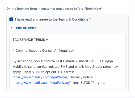 A Maidily booking form showing the required 'I have read and agree to the Terms & Conditions' checkbox with the full terms expanded