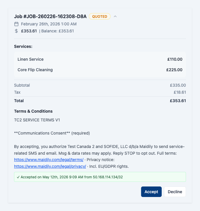 A customer reviewing and accepting a cleaning company's terms and conditions online, with the acceptance timestamp and IP recorded