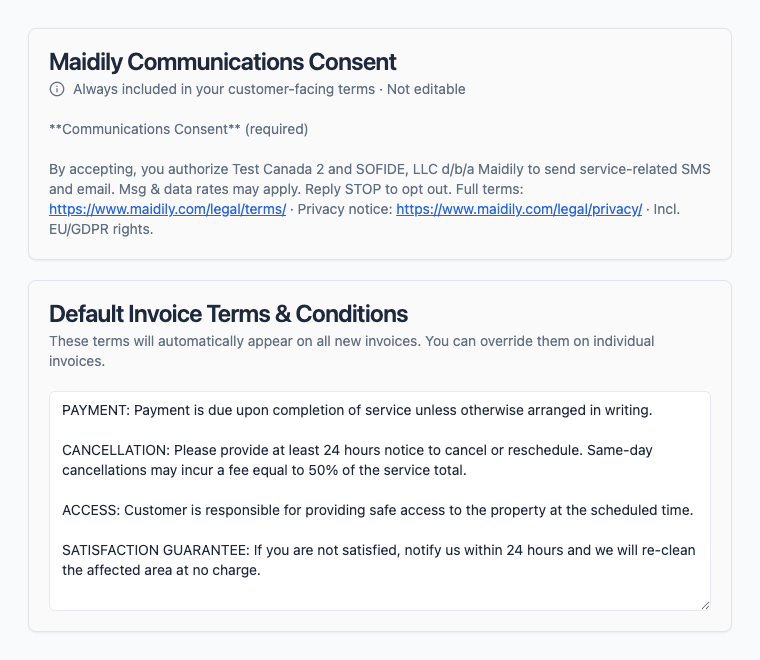 Maidily Customer Billing settings showing the Default Invoice Terms field and the always-included, read-only Maidily Communications Consent block